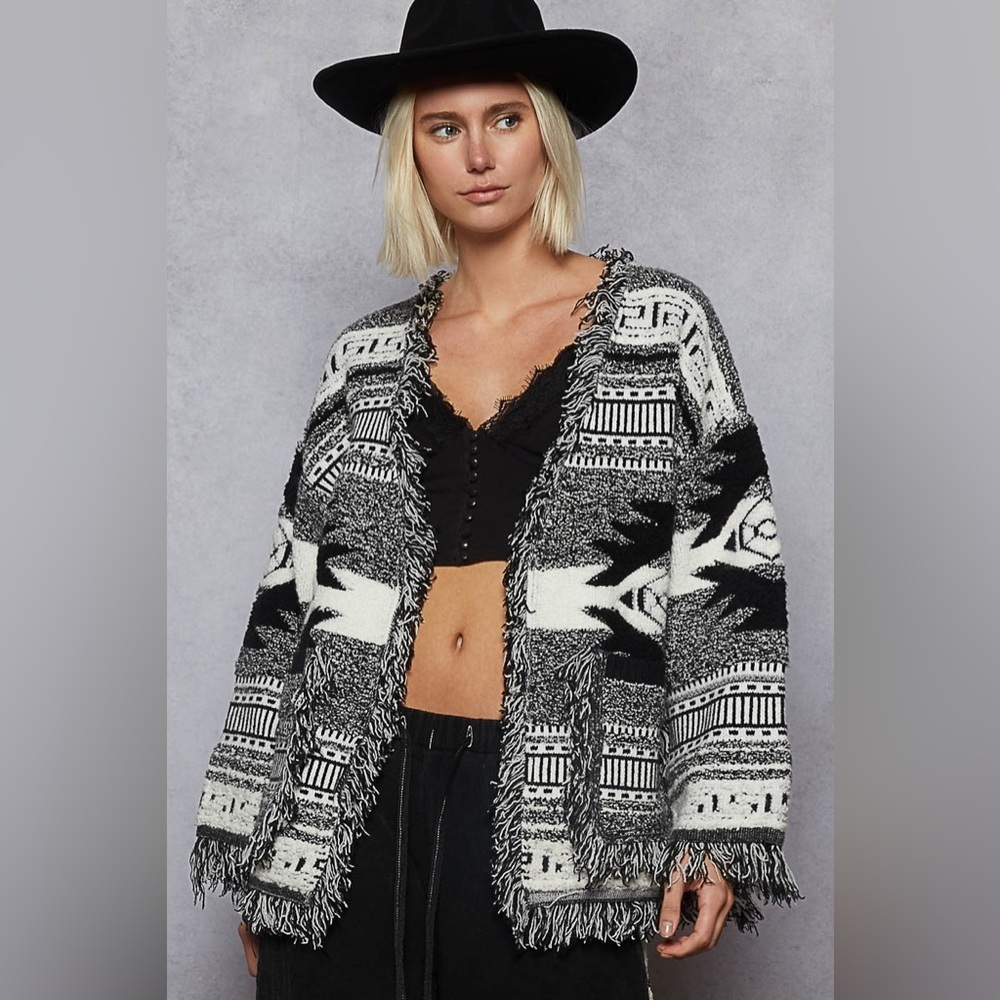 ⚡️ 📦 POL “ Wild Soul Knit “ Boho Fringe Cardigan | Black & White